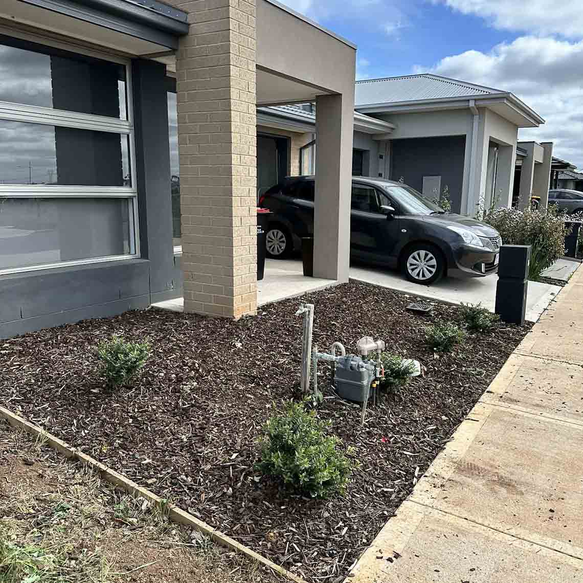 After: cleared front garden bed with fresh mulch and young shrubs