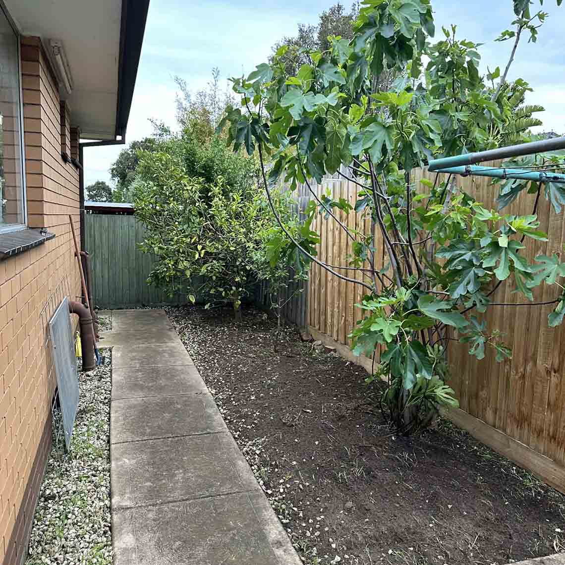 After: weeds cleared from the side garden bed beside the brick house